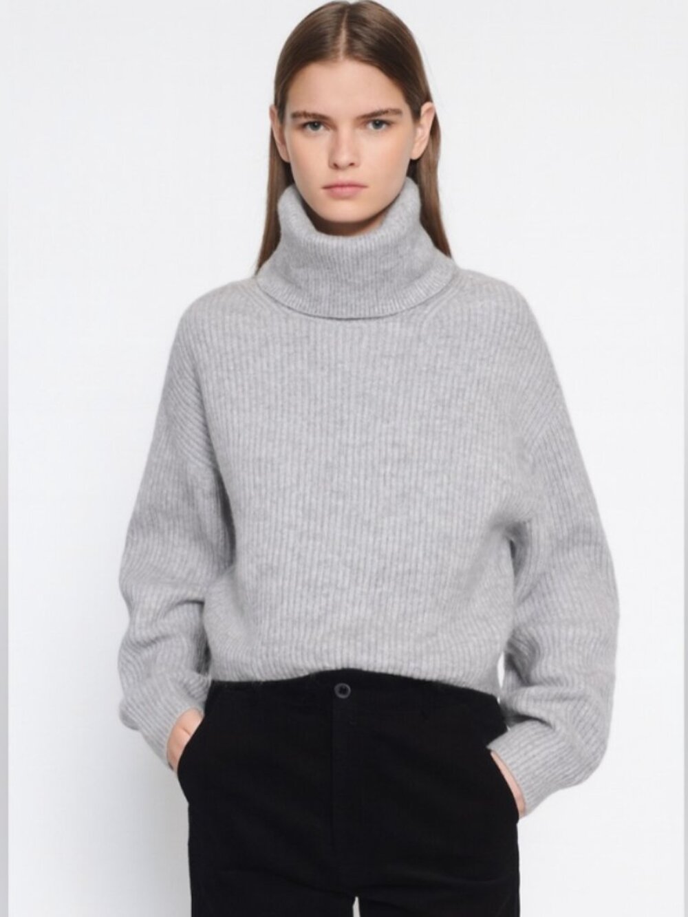 Babaton Grey Merino Wool Guell Funnel Neck Sweater
